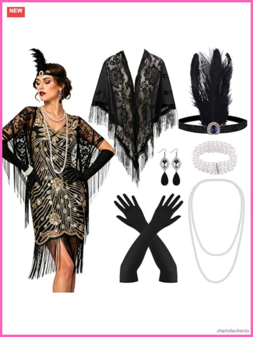 6 Pc 1920s Flapper Accessory Set Feather Headband Pearl Necklace Gloves